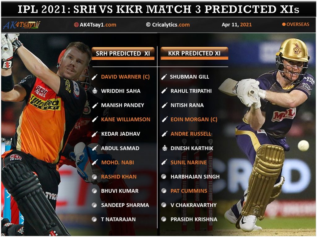 IPL 2021 SRH vs KKR match 3 predicted 11 and top fantasy picks