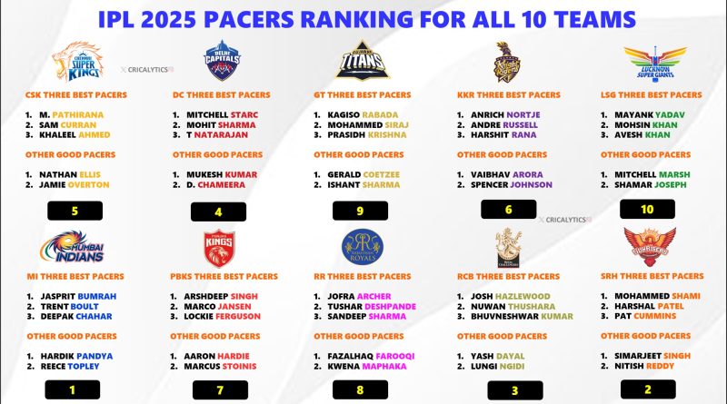 IPL 2025 Ranking All 10 Teams Best Pacers and Fast Bowlers